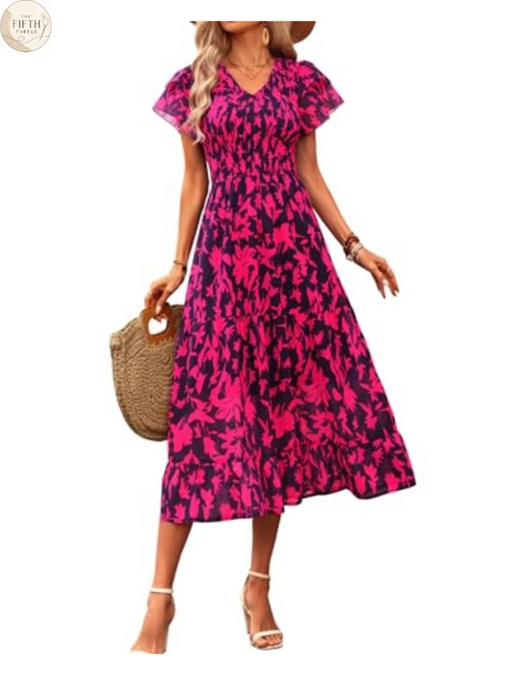 Women's Floral Midi Dress V-Neck Smocked Ruffle Tiered Short Sleeve Wedding